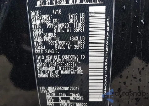 2016 Infiniti Qx80 Limited from USA, damaged, VIN JN8AZ2NE2G9126042